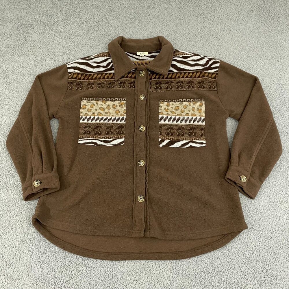 Kori America Fleece Shirt Women XL Brown Animal Print Long Sleeve Button Front‎